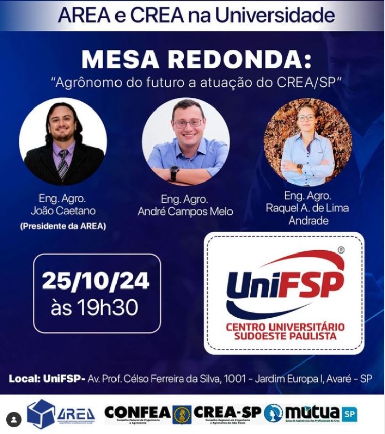 Mesa redonda com Eng. Agro. João Caetano, Eng. Agro. André Campos Melo e Eng. Agro.Raquel A. de Lima